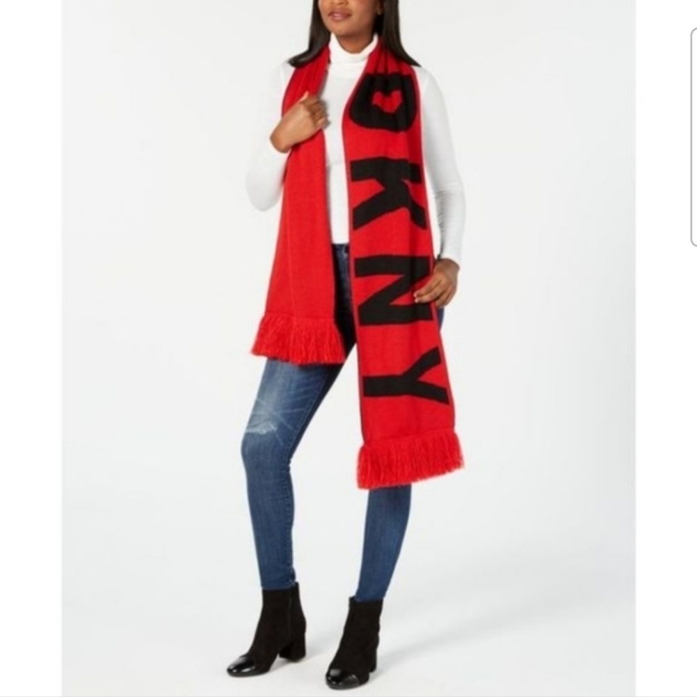 DKNY Womens BOLD Logo Fringe Scarf Wrap Black Blue One Size - Picture 5 of 12